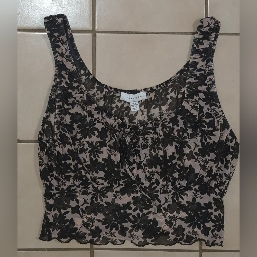 Topshop Sheer Floral Tie-Front Tank – Black & Blush (S)